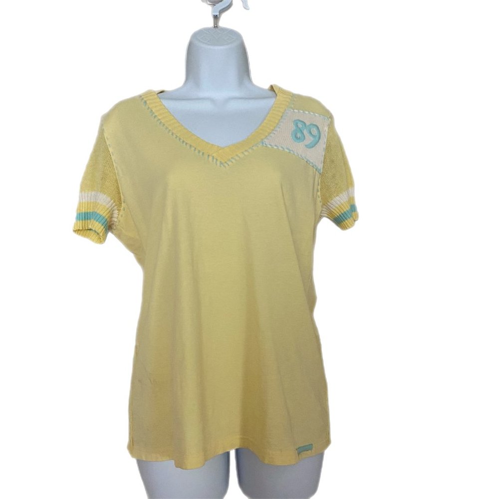 MurMur Women's Yellow/Blue Embordered Short Knit Sleeve Hooded #89 Shirt L
